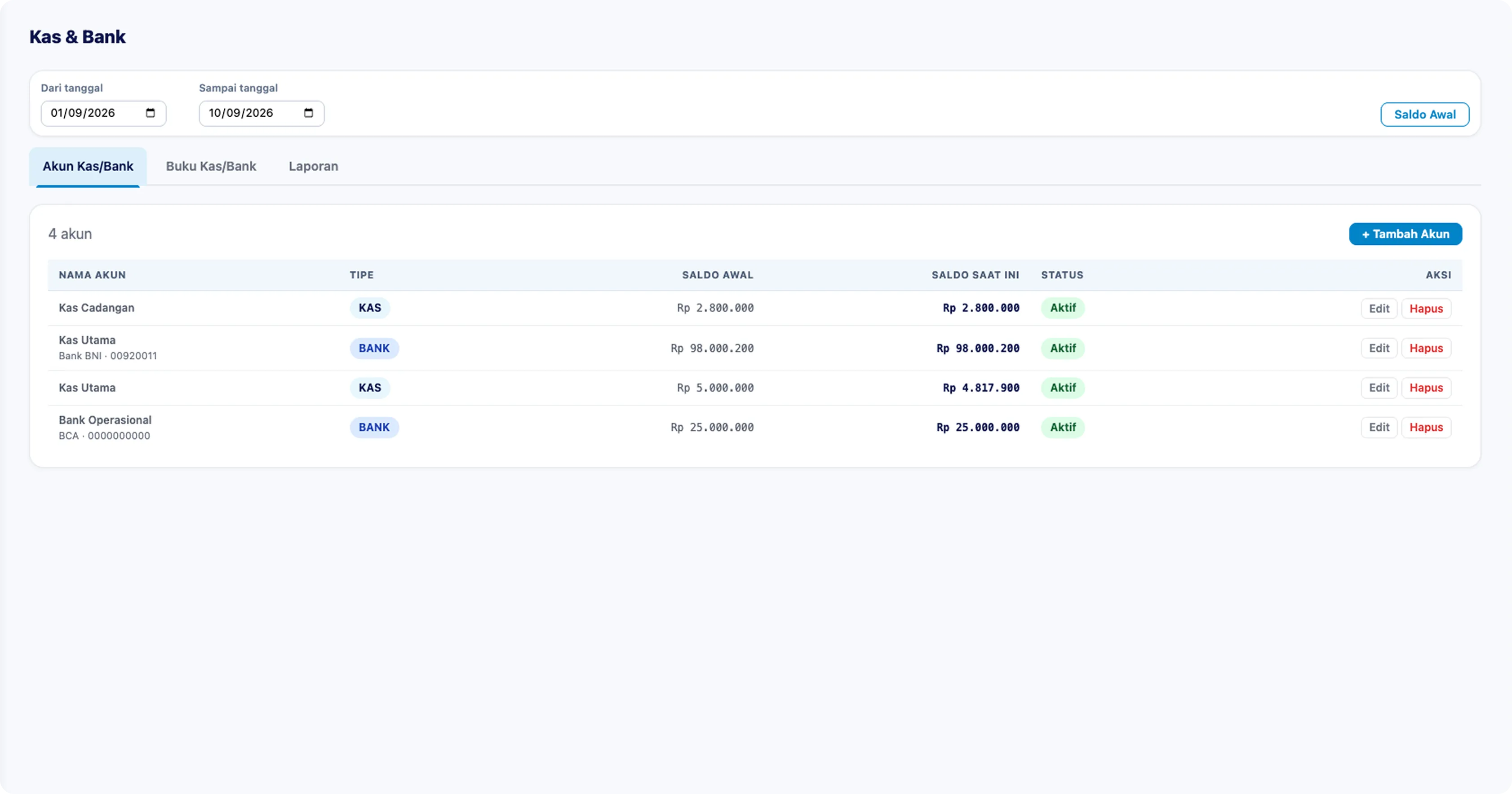 Layar Kas & Bank: daftar akun kas dan bank dengan saldo awal, saldo saat ini, dan status.
