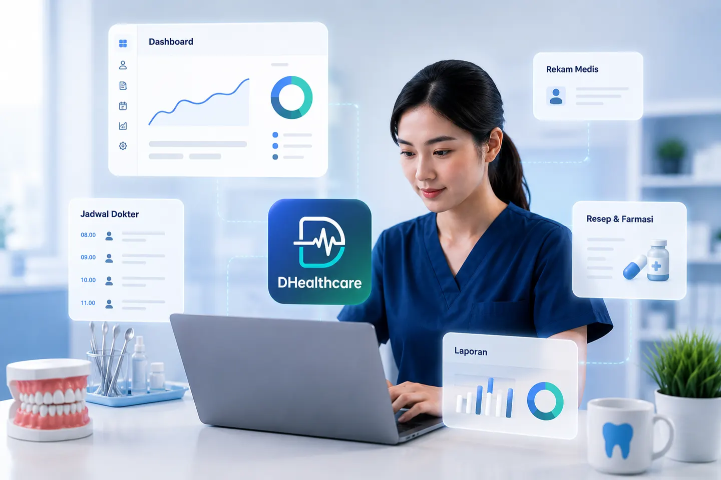 Tenaga kesehatan menggunakan DHealthcare yang menghubungkan dashboard, rekam medis, jadwal dokter, resep, farmasi, dan laporan.