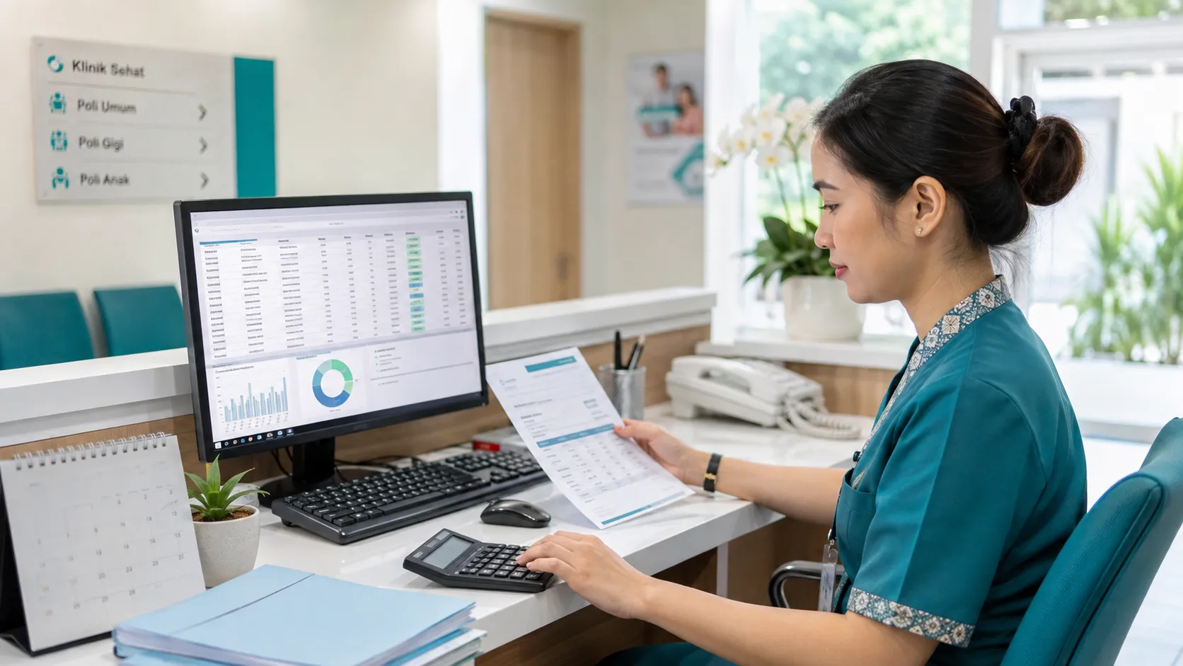 Petugas administrasi klinik mencocokkan tagihan pasien di meja kasir dengan layar aplikasi kasir DHealthcare.