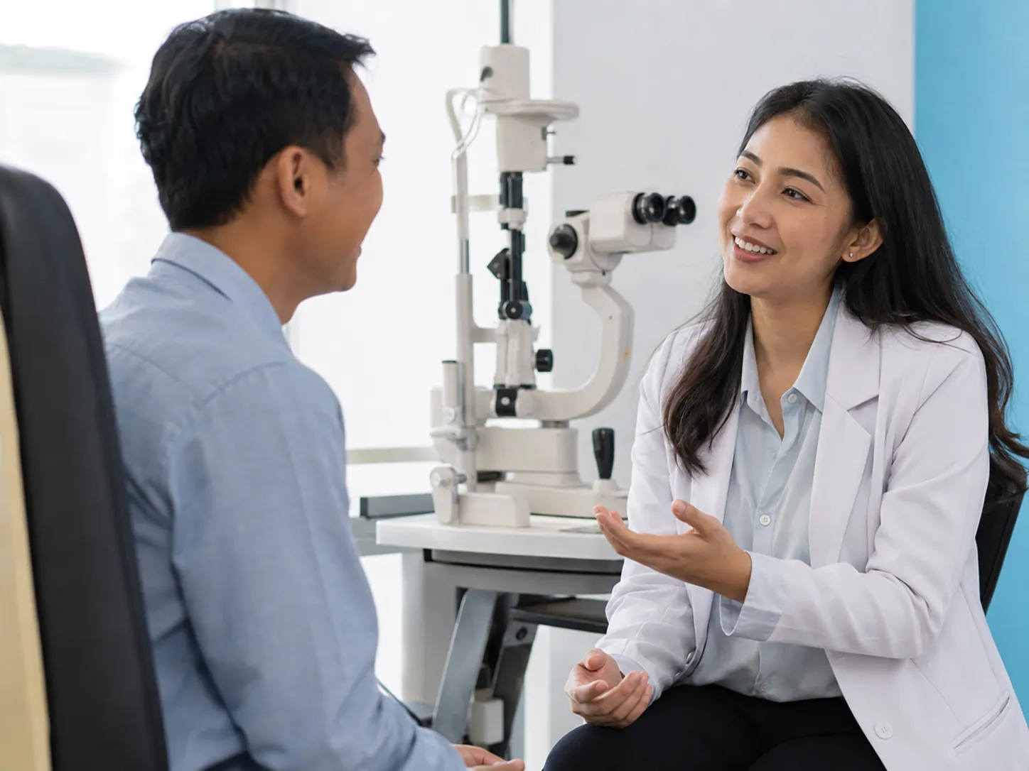 Dokter mata memeriksa pasien dengan peralatan periksa mata.