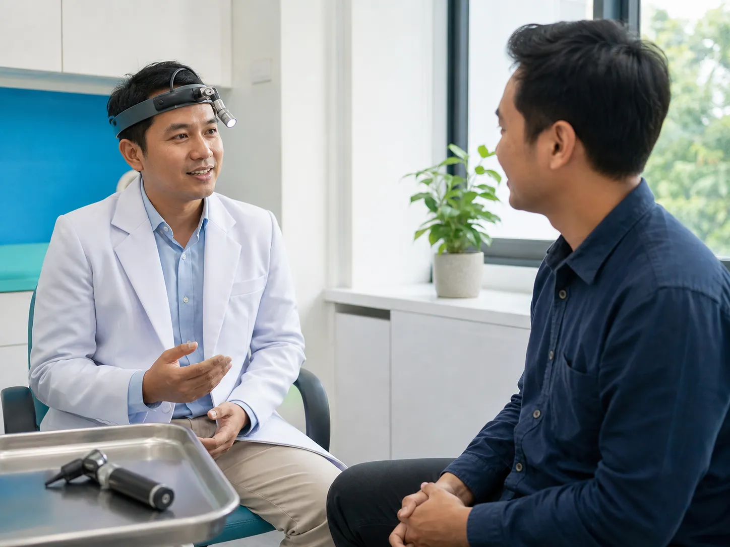 Dokter THT memeriksa telinga pasien di ruang praktik.