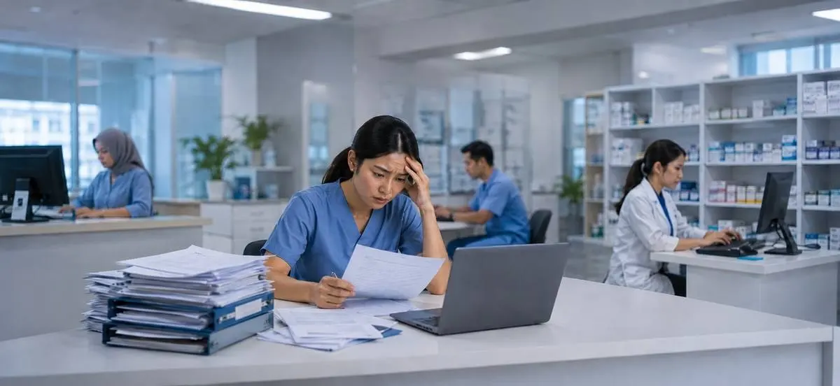 Petugas klinik menangani tumpukan berkas pencatatan manual
