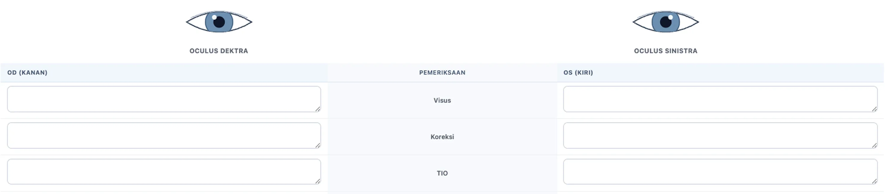 Layar pemeriksaan mata DHealthcare: visus, TIO, dan segmen anterior dengan penanda OD/OS.