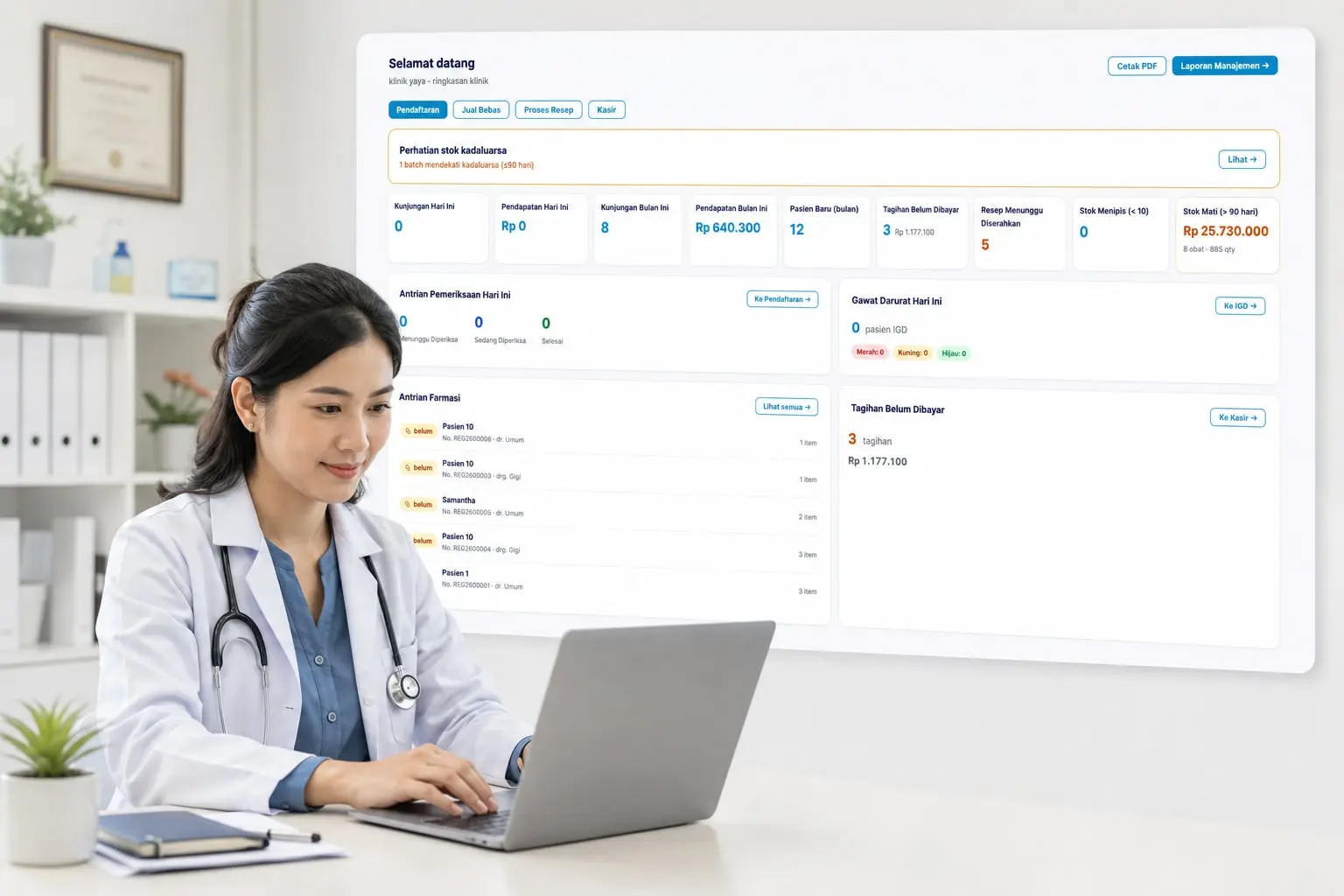 Dokter menggunakan dasbor ringkasan klinik DHealthcare di laptop