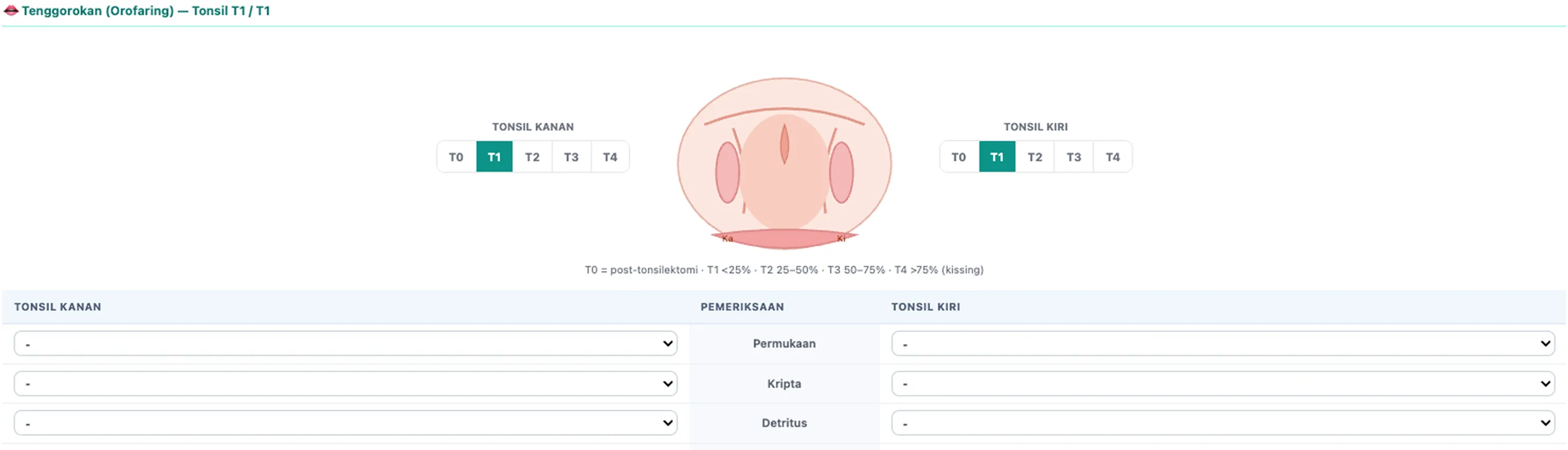 Layar pemeriksaan THT DHealthcare: temuan telinga, hidung, tenggorok, dan KGB.